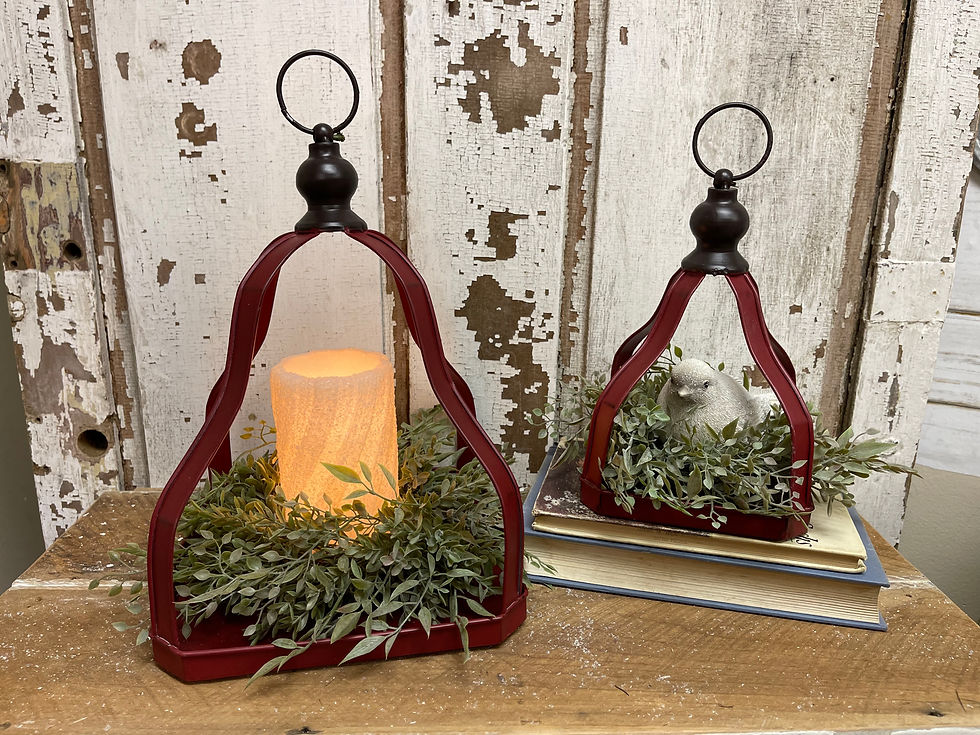 Thumbnail: 9”x9”x13” red metal lantern shaped like a pyramid, open sides, metal finial & ring on top