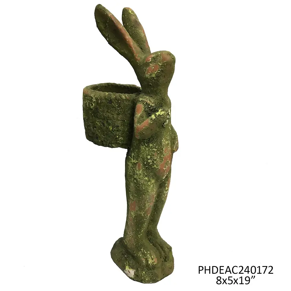 8" x 5" x 19" terracotta standing bunny rabbit with basket on back statue, aged cement finish with mossy accents