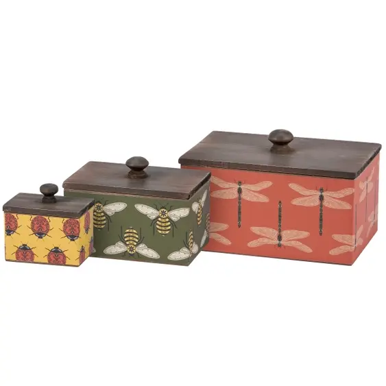 7", 5" & 2", set/3 different sized rectangular metal bins with wood lids, each bin is wrapped in different garden bug designs