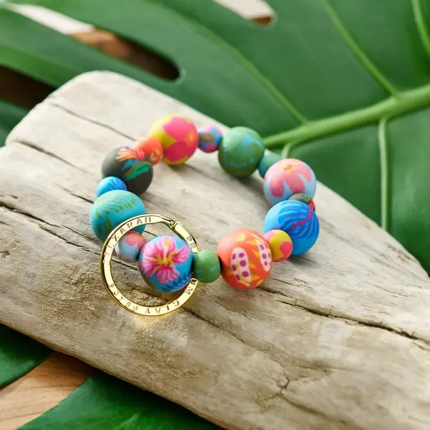 colorful Jilzarah wrist keychain of 10mm and 18mm polymer clay beads strung on 1.5mm elastic cord, gold ring for keys