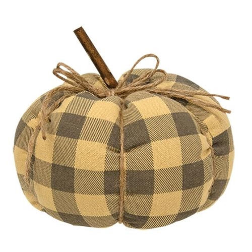 5.5β x 6β stuffed fabric pumpkin, grey & cream checked fabric, stick stem, jute ribs & jute bow on stem
