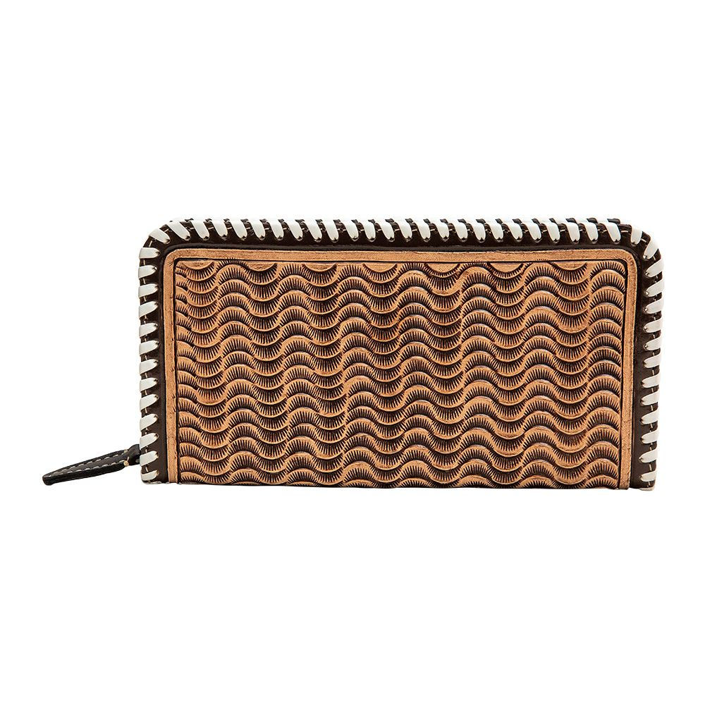 7.75”x4” leather zip around wallet with hand tooled wavy pattern and white laces around edges