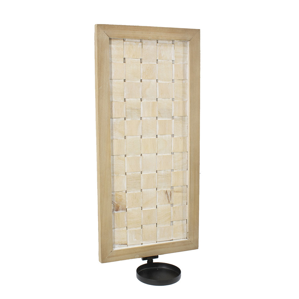 Rectangular rattan panel framed with wood, black metal pillar candle holder at bottom, 7” x 16”