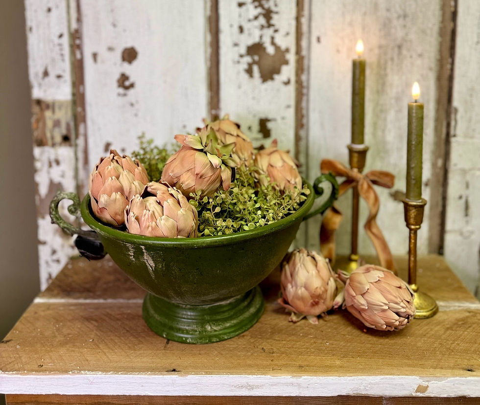 3.5" x 4.8" light brown artichoke head with peach highlights, fabric petals over a styrofoam base