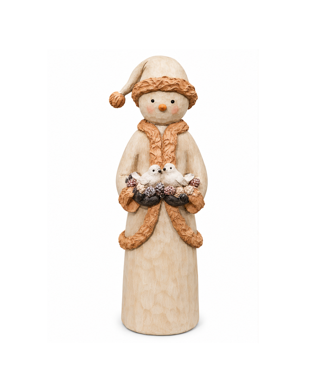 11 inch resin woodland snowman holding two white birds with pinecones and berries