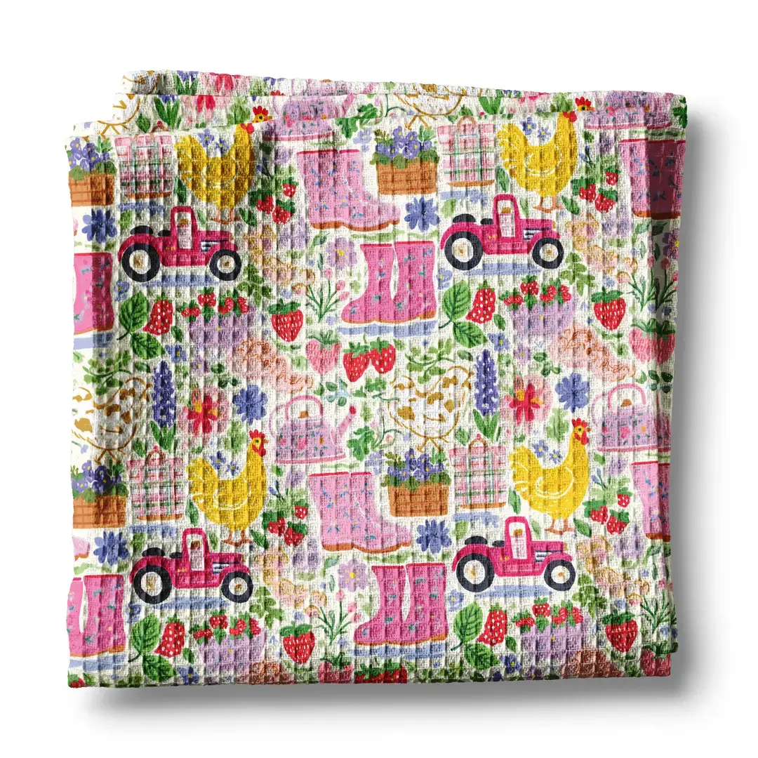 16”x 24” waffle weave kitchen towel, highly absorbent, 80% polyester & 20% polyamide, printed w/ farm images in girly colors