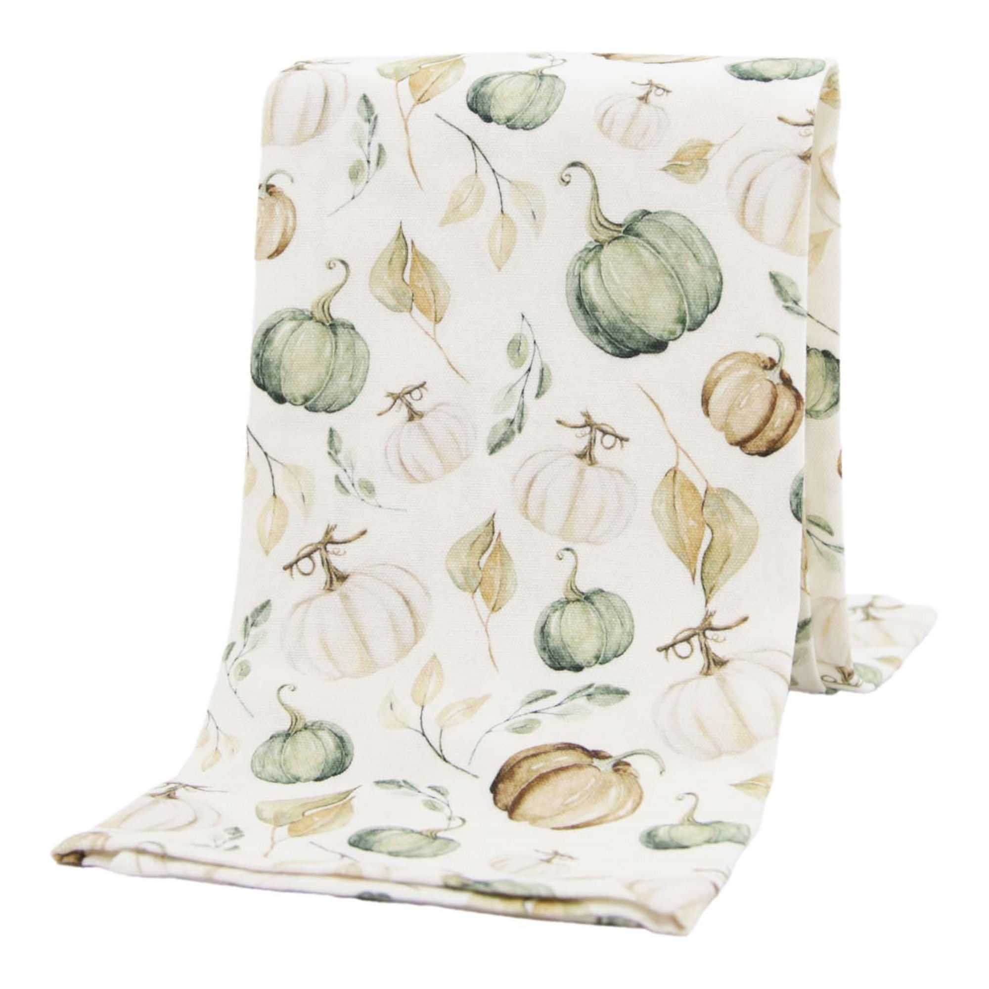 26" x 18" creamy white tea towel with all over print of pumpkins & foliage in soft greens, creams, & browns