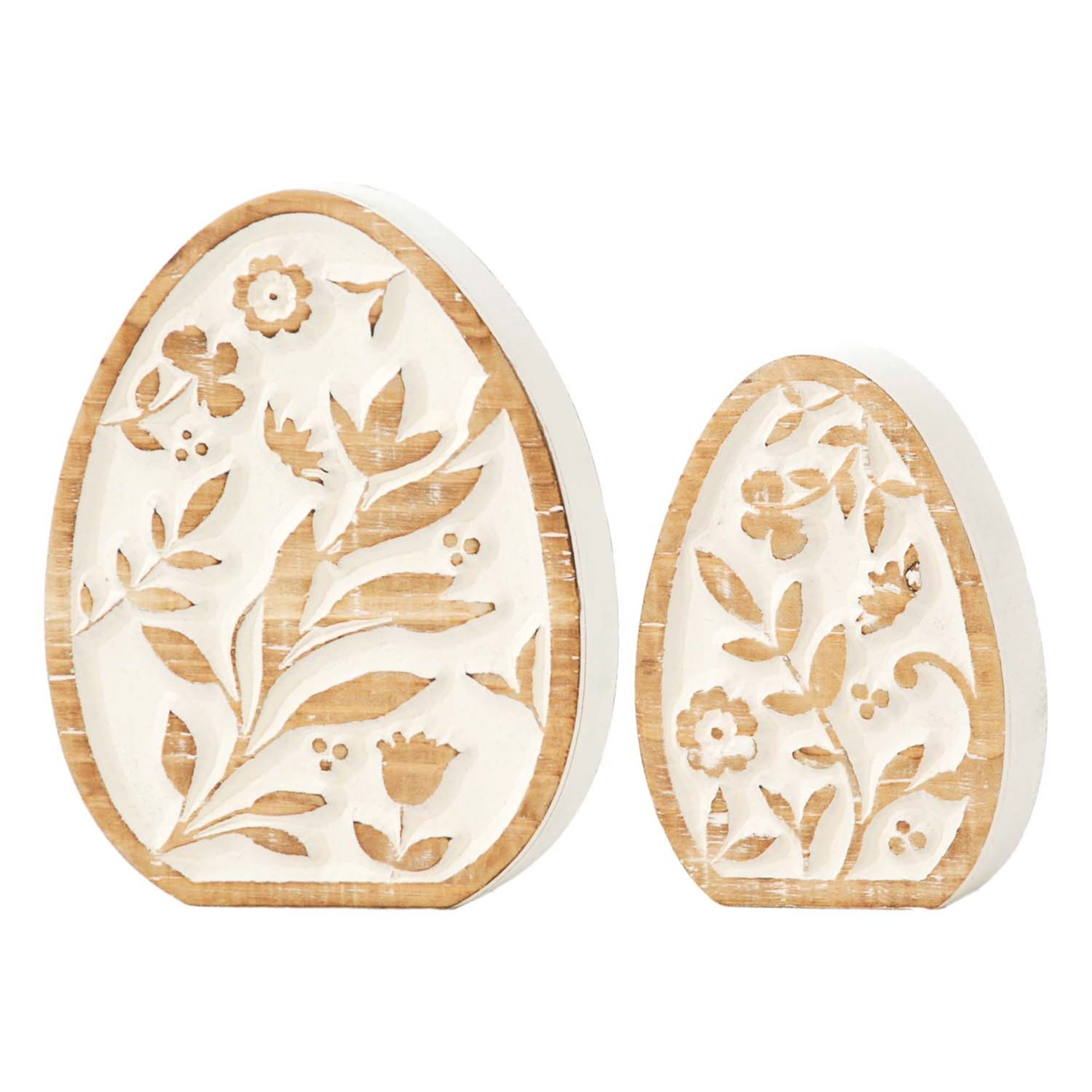 4" & 2.75" tall set of 2 wood block eggs, carved foliage and flower details, raised wood tones, relief in white
