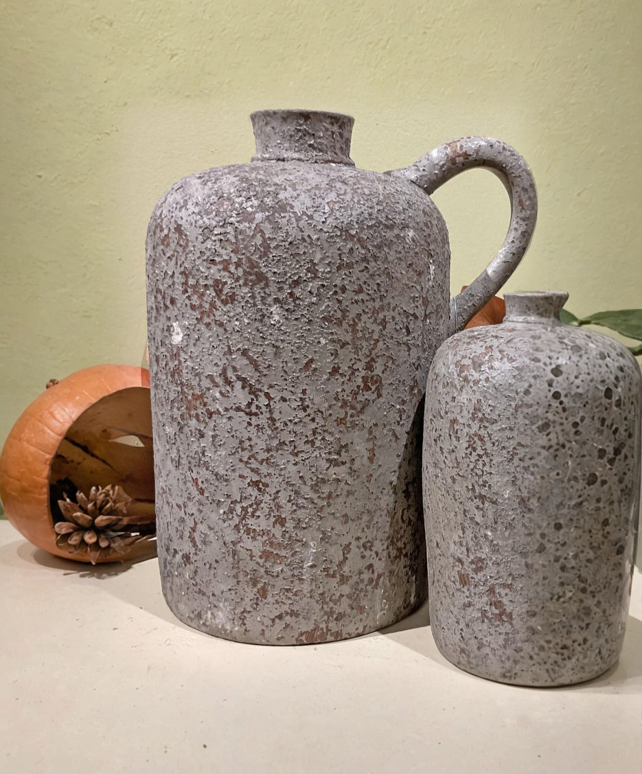 12" tall gray textured jug with handle