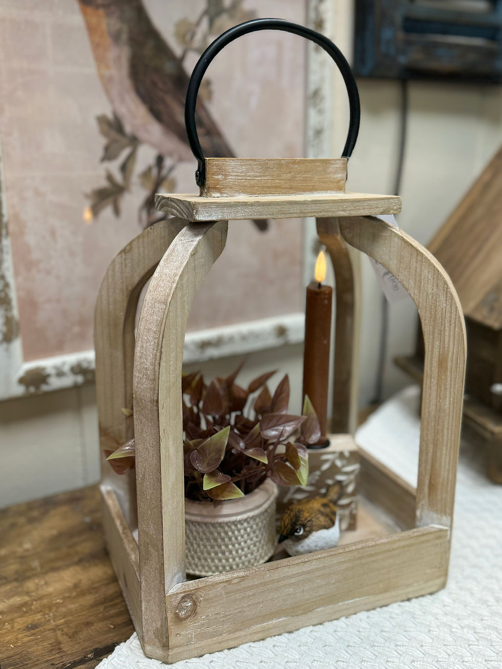 Thumbnail: 19.5” x 15” x 13.75” wood open air lantern, bell shape, black iron loop handle, use for display of decor or candles