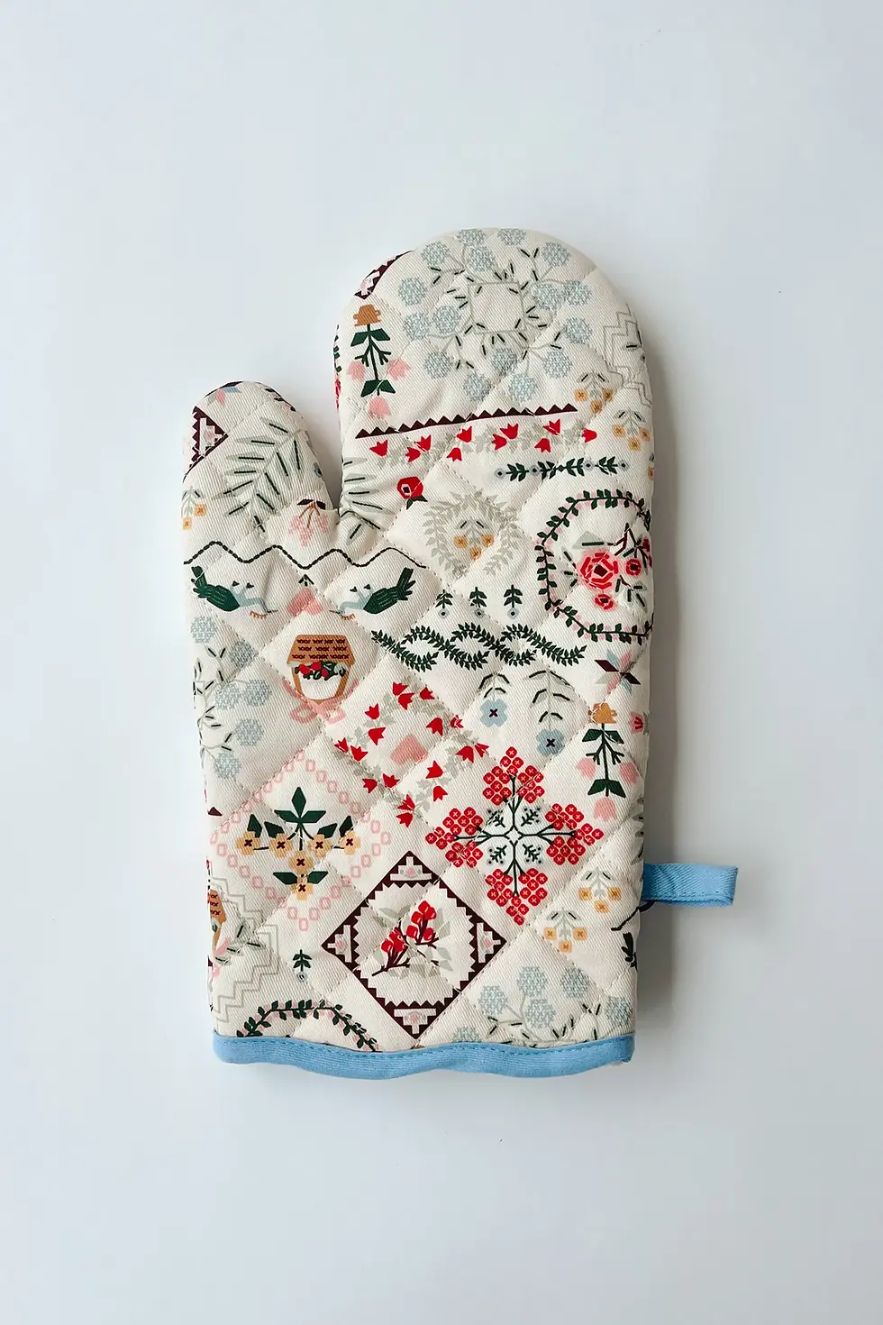 7" W × 12" L Rifle Paper Co oven mit, diamond quilted, Home Sweet Home full color illustrations, loop for hanging