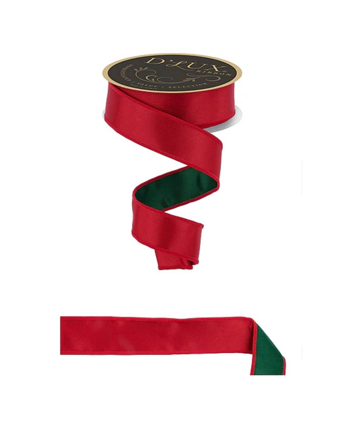 1.5 inch wired fused satin Christmas ribbon with red on one side and emerald green on the reverse, 10 yard roll.