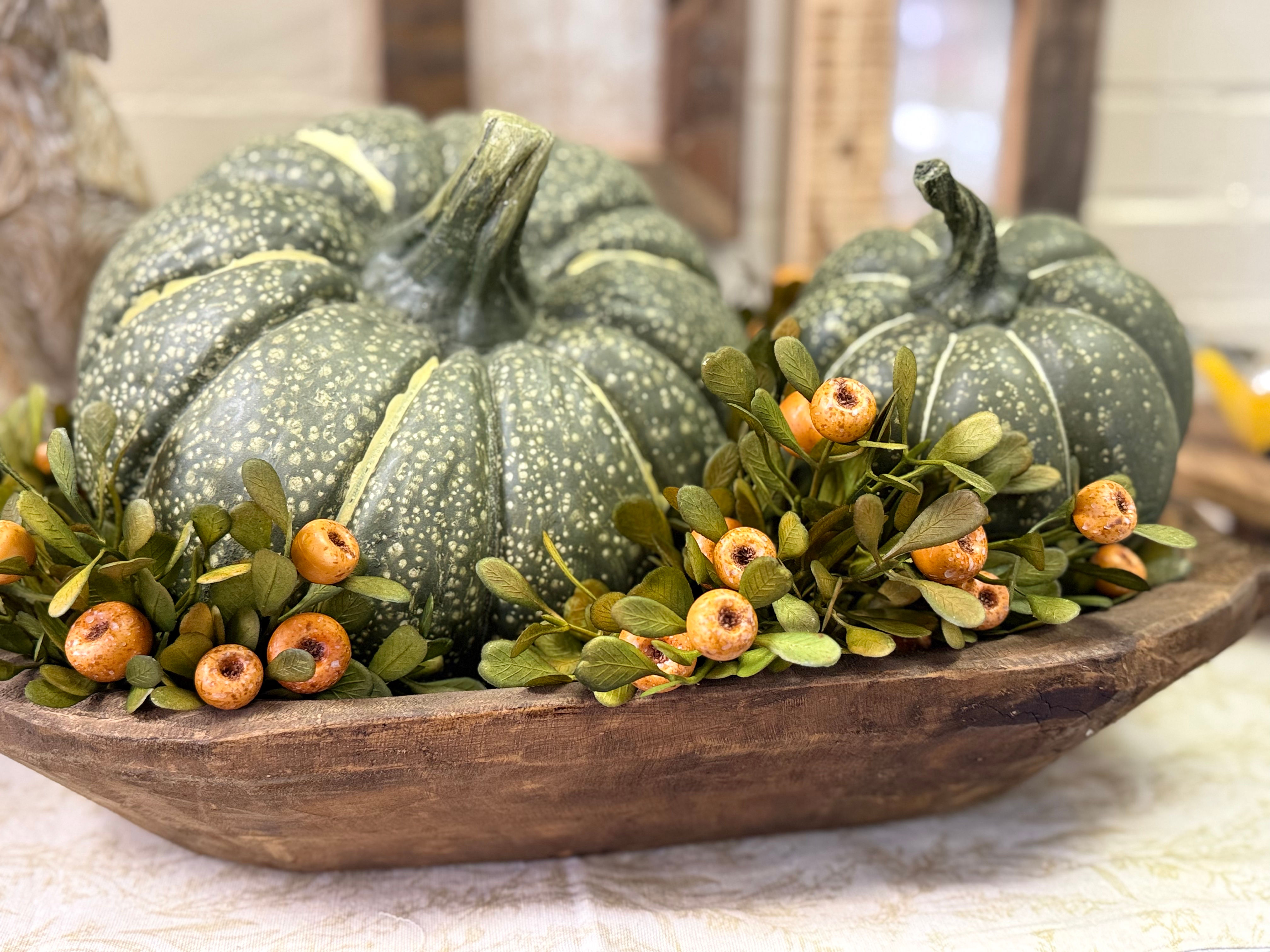 10.3" x 9.5" x 8.6" large resin pumpkin, green with creamy spots, real look