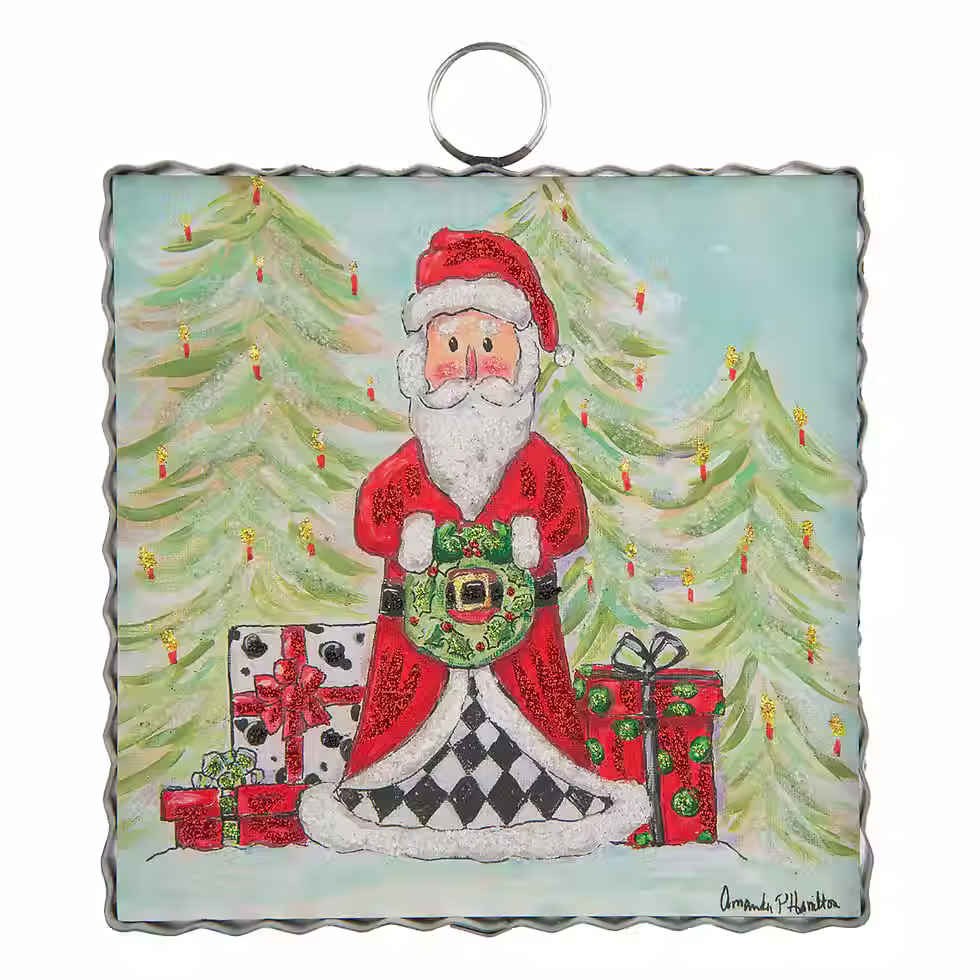 6" x 7" x 1" Round Top Collection print of Santa holding a wreath, metal corrugated frame, use alone or with Round Top base