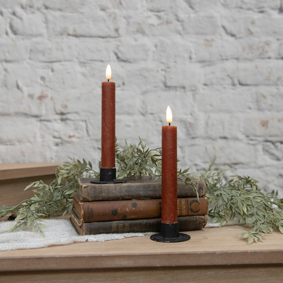 Set of 2 wax 7” taper candles, bronze color, 6 hr timer, AAA batteries required (not included)