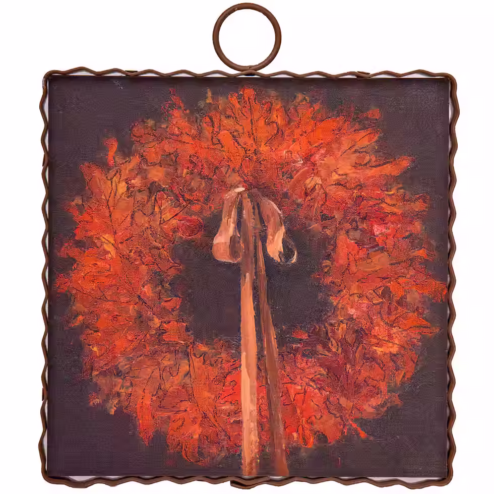 6" x 1" x 7" Round Top Collection print of a fall wreath with a bow, corrugated metal frame, ring on top for hanging