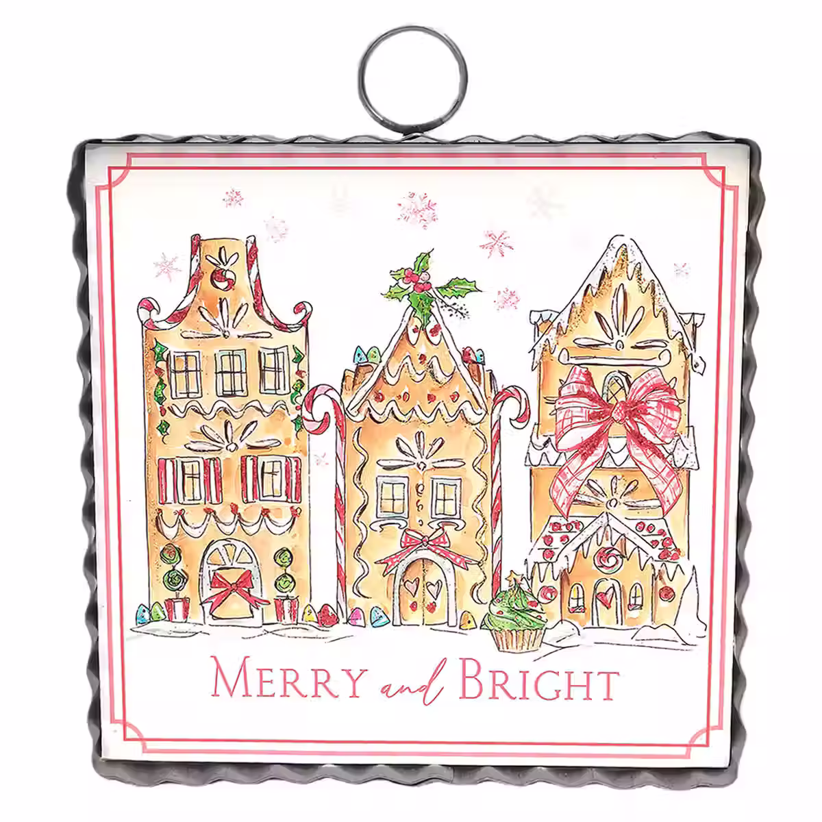 Sweet Seasons Gingerbread Village Round Top Collection Christmas decor with gingerbread houses and Merry and Bright sentiment