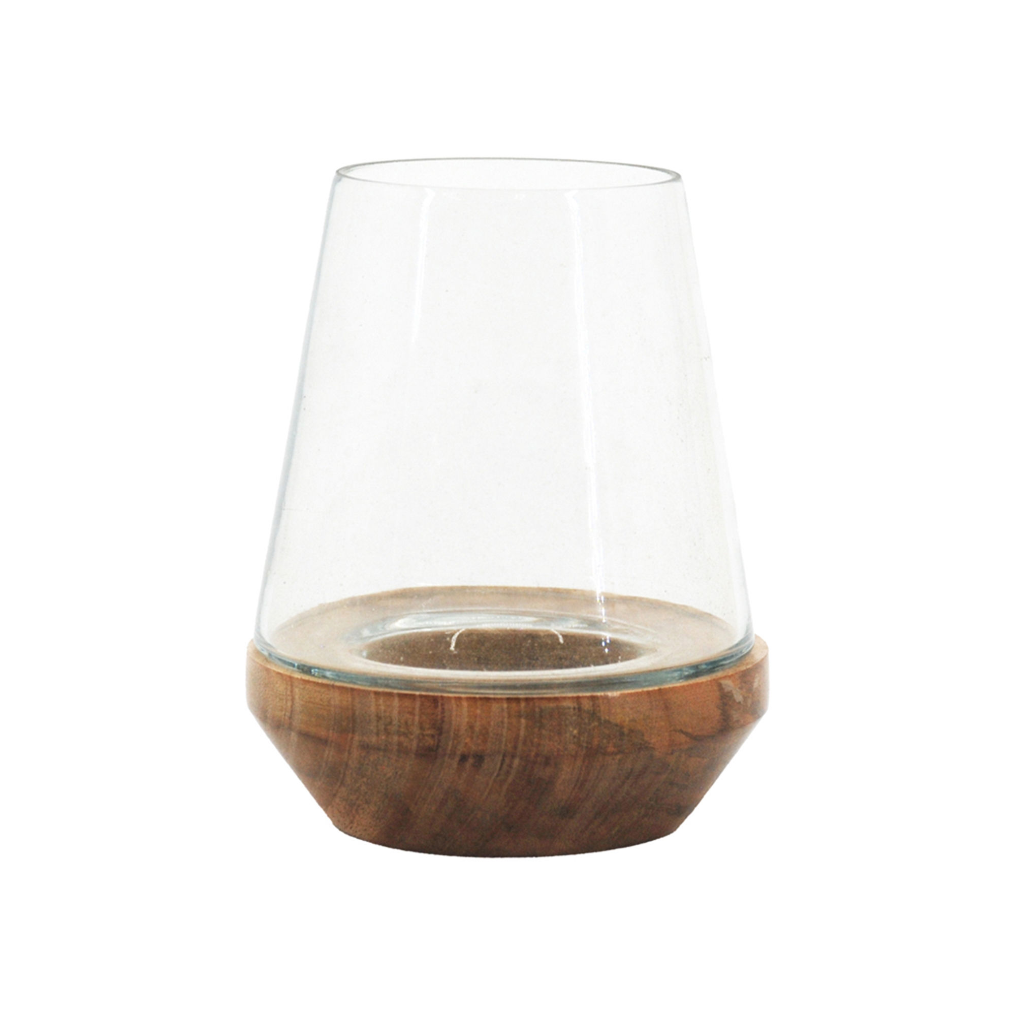 5.5" tall x 4" diameter glass hurricane with open top, removable wood base, use for votive candles or filler