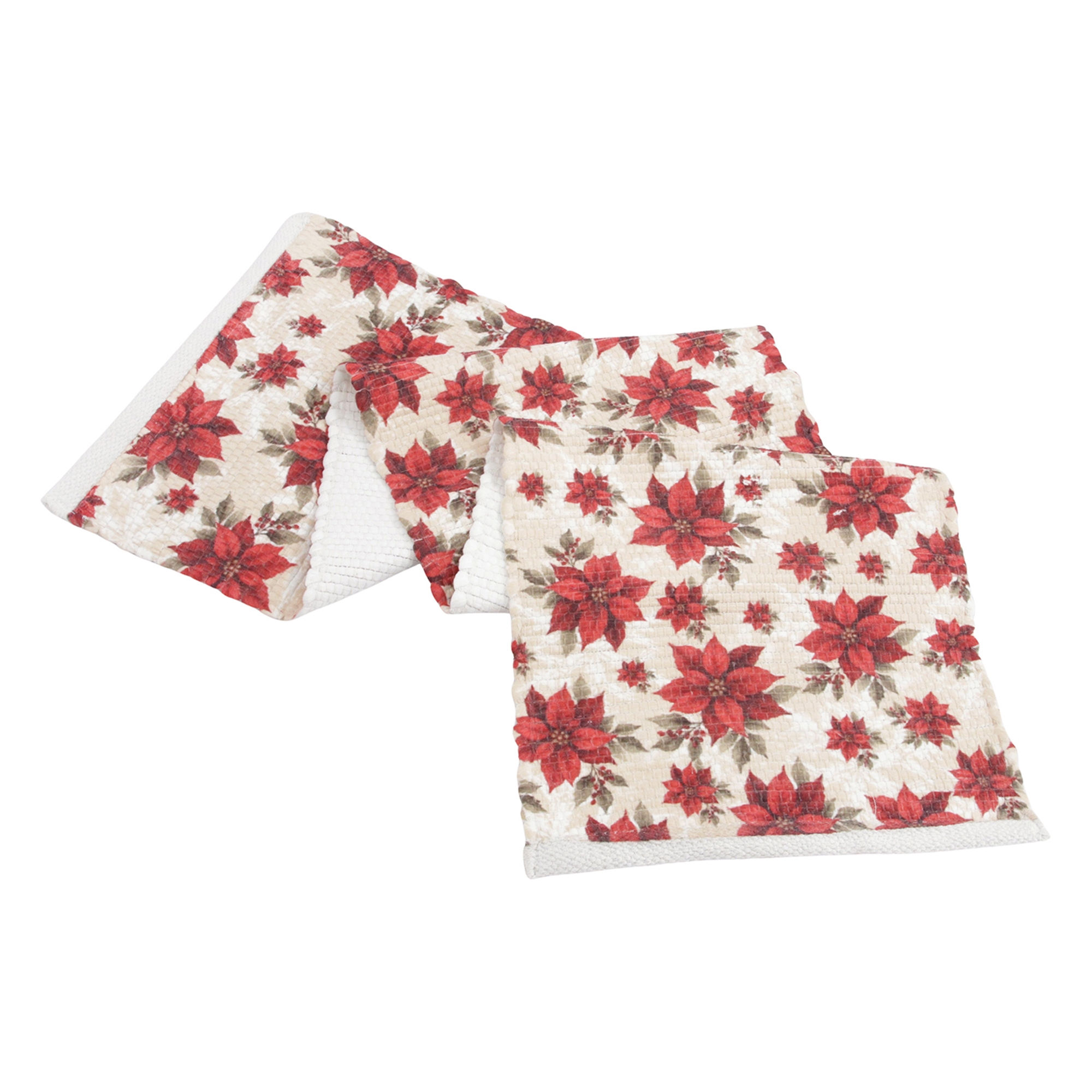 48 inch Christmas table runner with red poinsettias and greenery on a creamy neutral background.