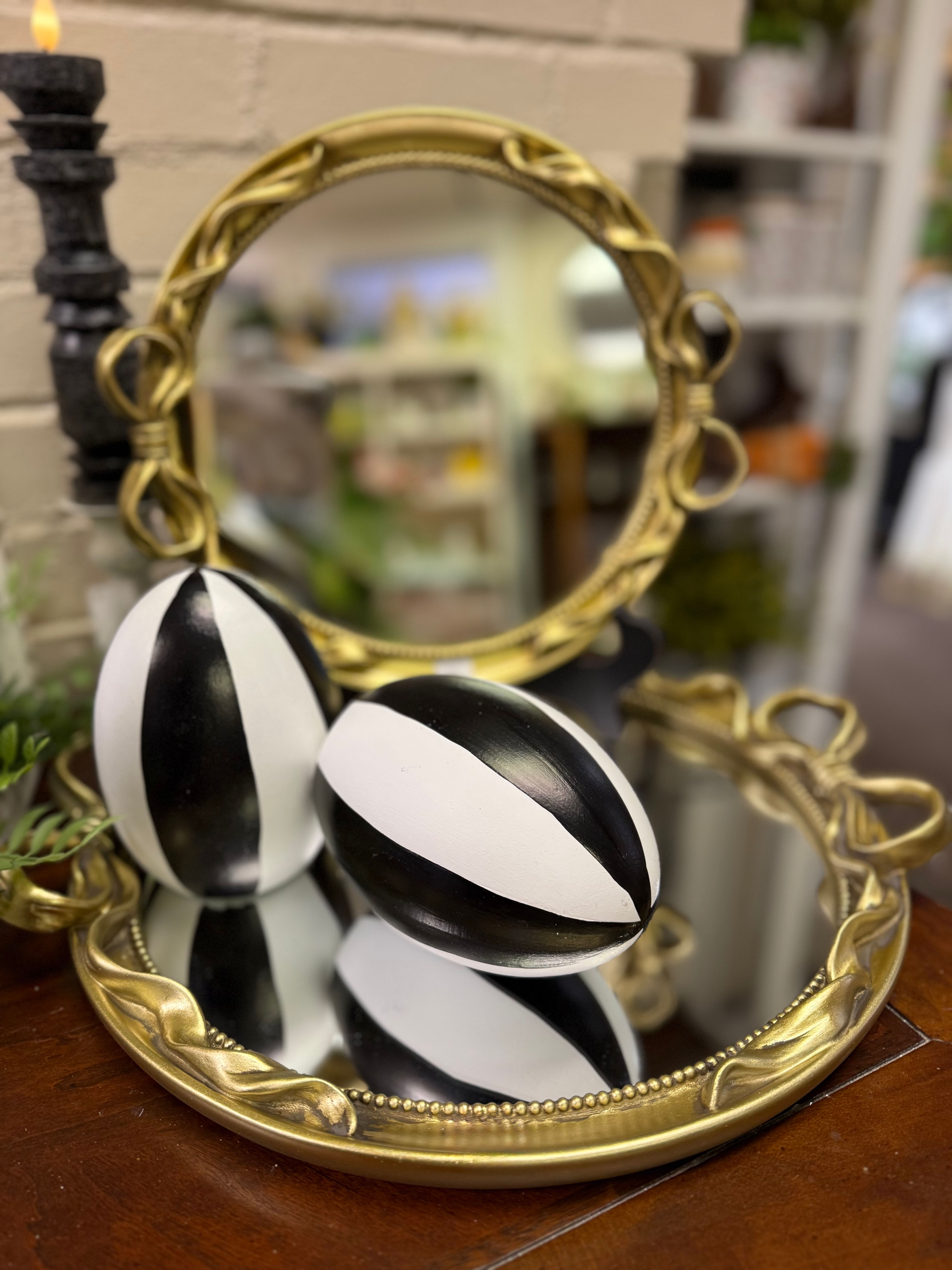 12" round mirrored tray, gold frame with gold bow handles