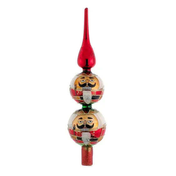 13" tall double ball glass tree topper, spire on top, balls have nutcracker faces main color is red