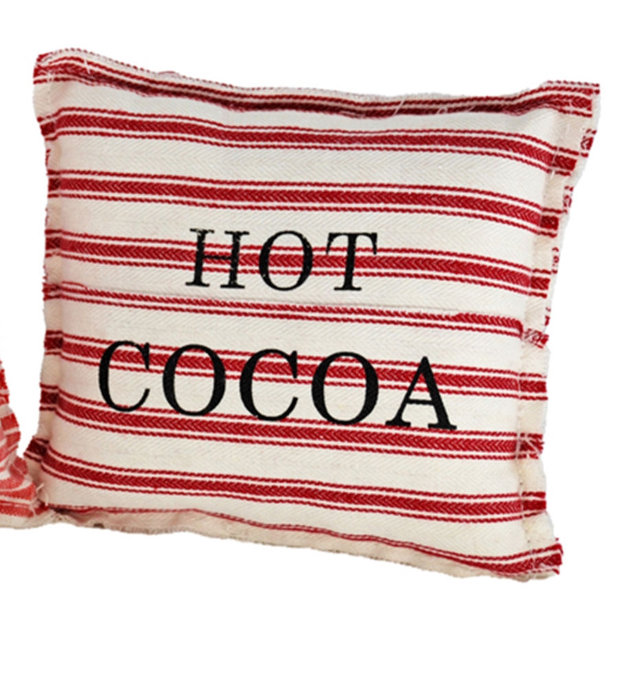 5" x 5" red & white ticking stripe mini pillow, printed with "hot cocoa" in black