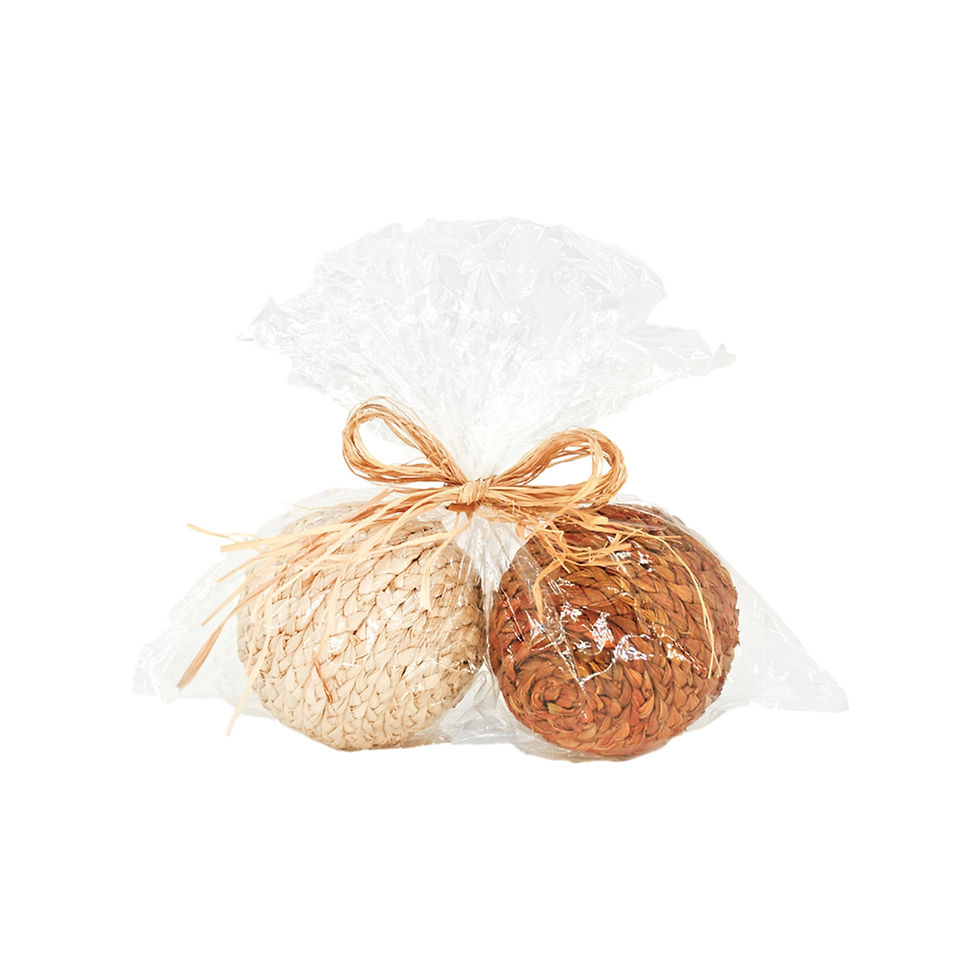 set of 2 corn husk braided 4" balls, one is natural & the other is a burnt orange, in a clear cello bag tied with raffia bow