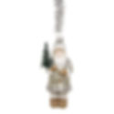 5.5” high by 2” wide by 2” deep glass Santa in silvers & golds, holding a bottlebrush tree, belsnickle style