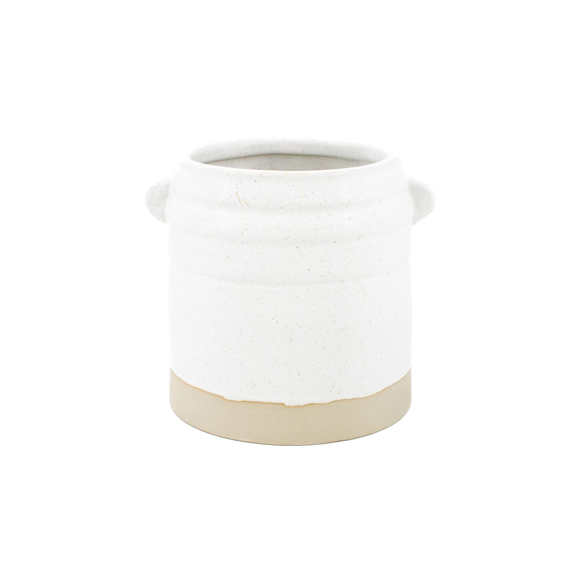 5.5" x 4" x 5" small pottery crock, creamy white glazed top with an unfinished 1" ring at bottom, 2 small pinch handles