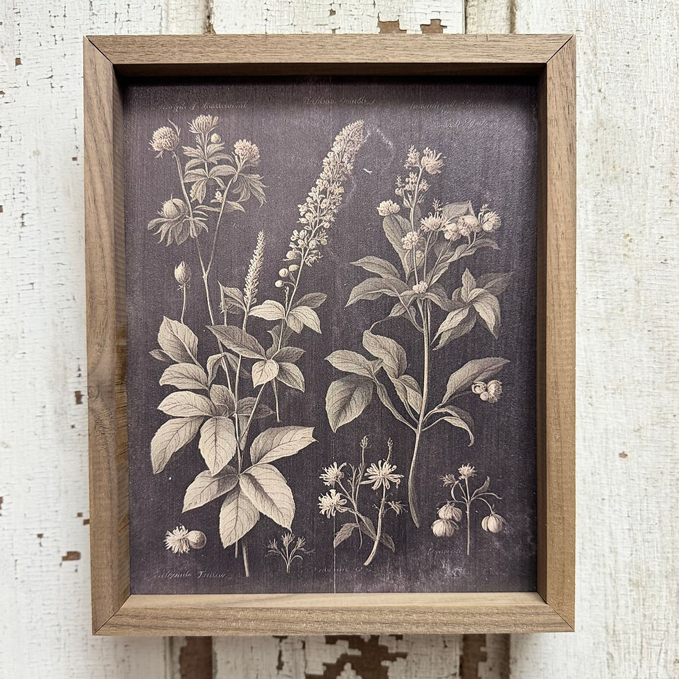 10.75” x 8.75” x 1.5” framed box sign, print of florals in a gray-green hue on a black background, hang or sit