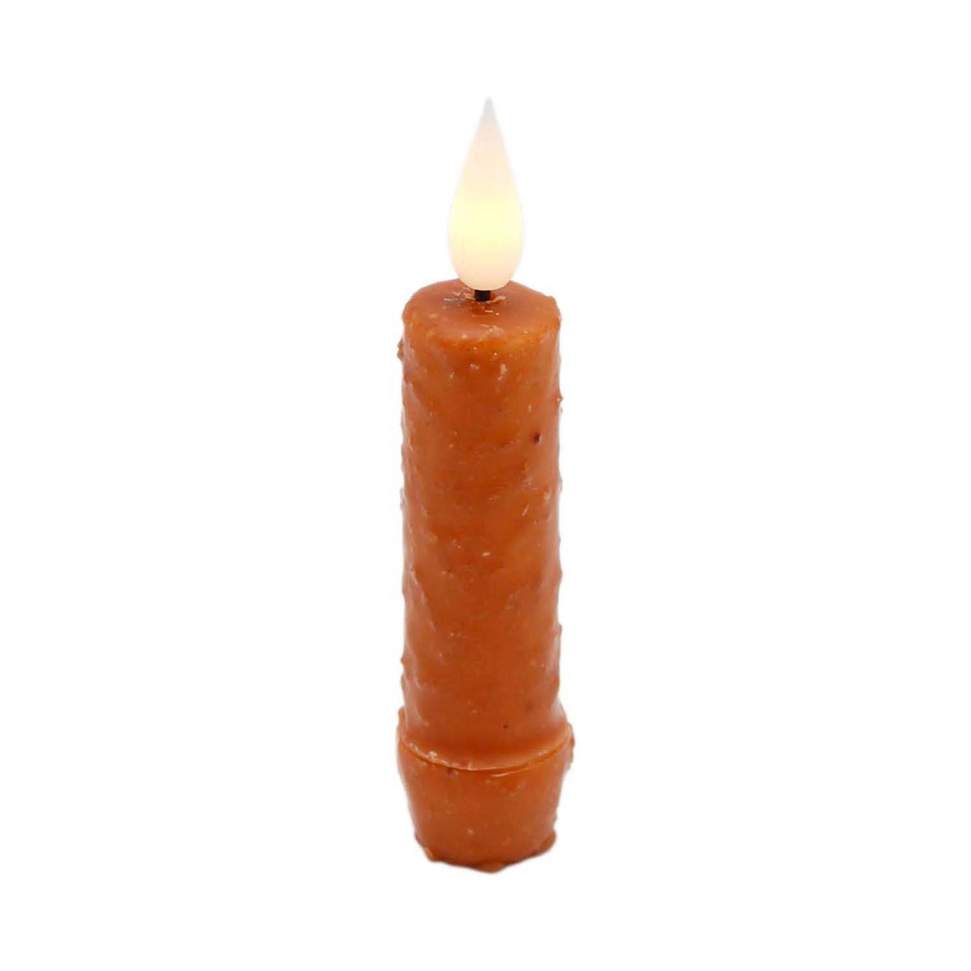 4" timer taper, orange with dark brown specks, real look flame, requires AA battery, 6 hour timer