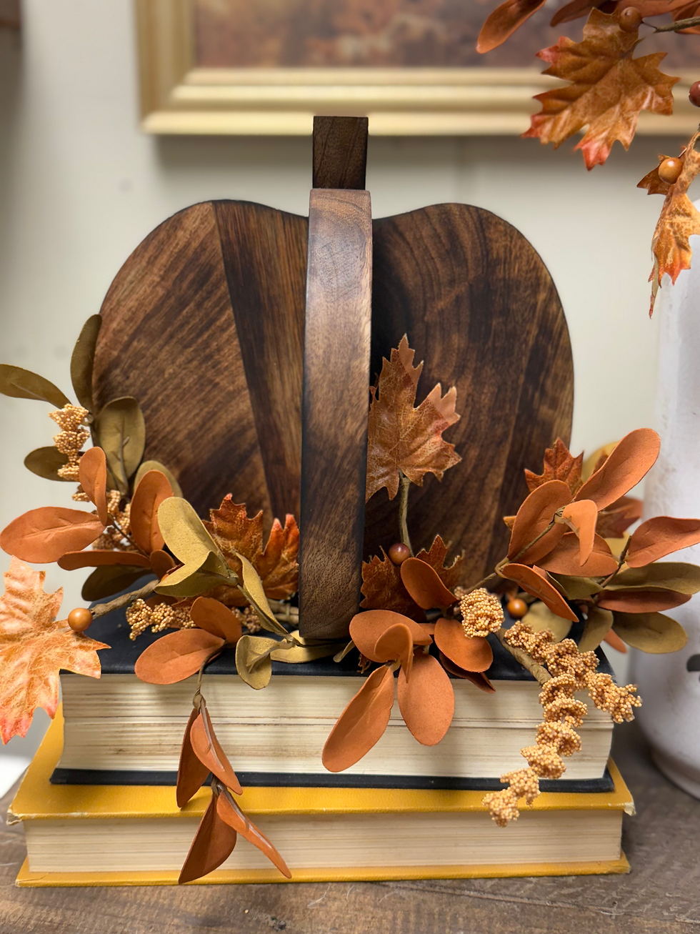 9" x 9" rich brown wooden pumpkin table top sitter, 2 flat pieces slide together to make a 3d pumpkin