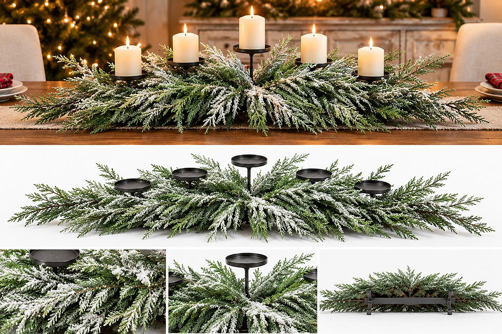 42 inch icy pine Christmas centerpiece with five black pillar candle holders