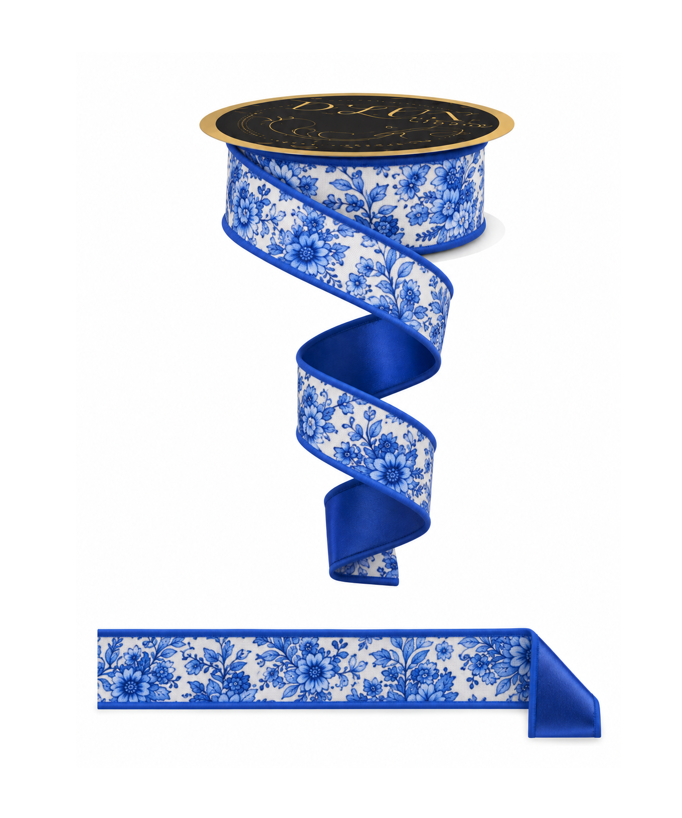 1.5 inch wired Chinoiserie floral ribbon in blue and white with fused blue satin reverse, 10 yard roll.