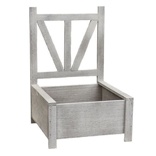 13.75” high by 9” wide by 9.75” deep, wood garden chair planter painted distressed white, seat is an open box for florals