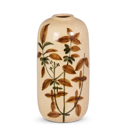 5.75" D x 11" H ceramic vase with hand painted leaves in browns & greens, water sealed