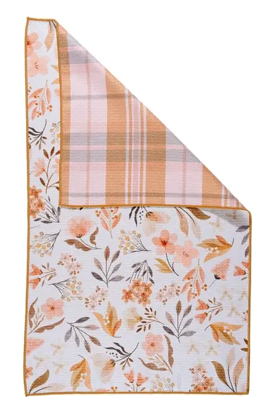 Reversible floral kitchen towel with blush, peach and golden flowers and a coordinating soft plaid reverse.
