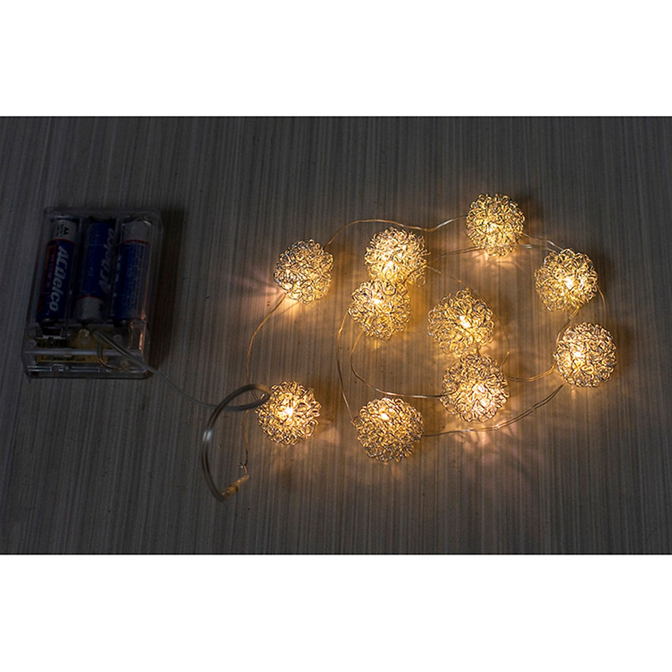 36" long strand of 10 bright lights inside of silver loops forming a ball, 3 AA batteries (not included) 6 hour timer