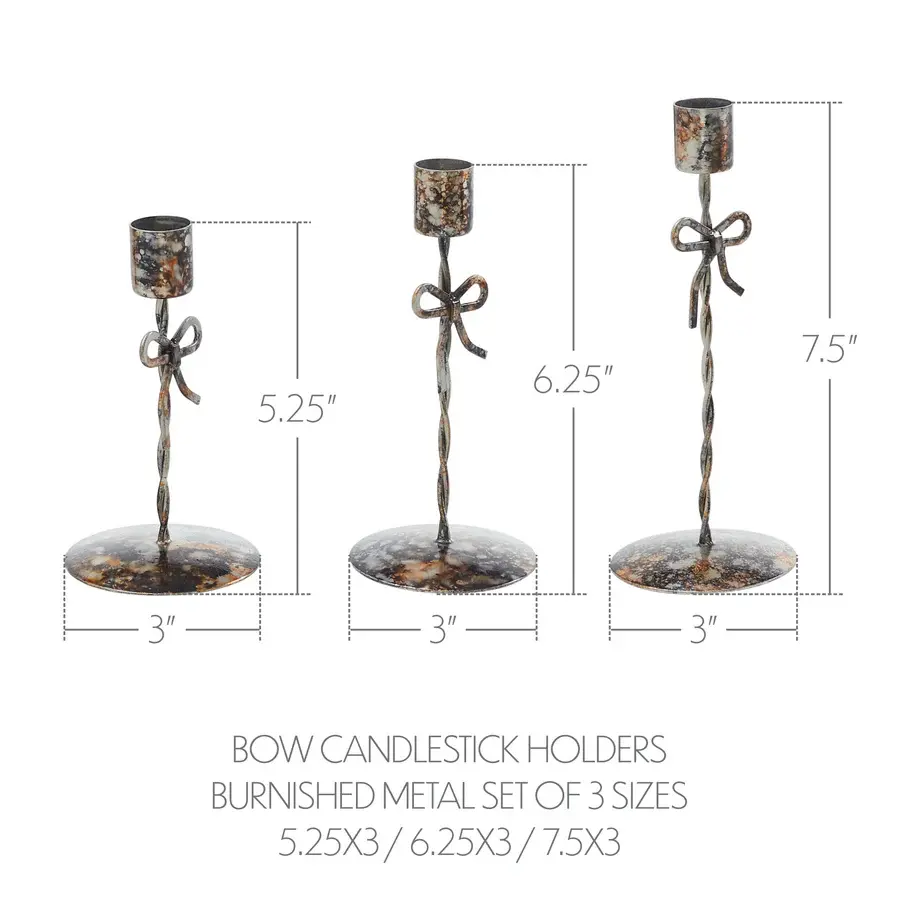 set of 3 metal taper candle holders, 5.25", 6.25", & 7.5", metal bow design, tarnished silver metal with black mottled finish