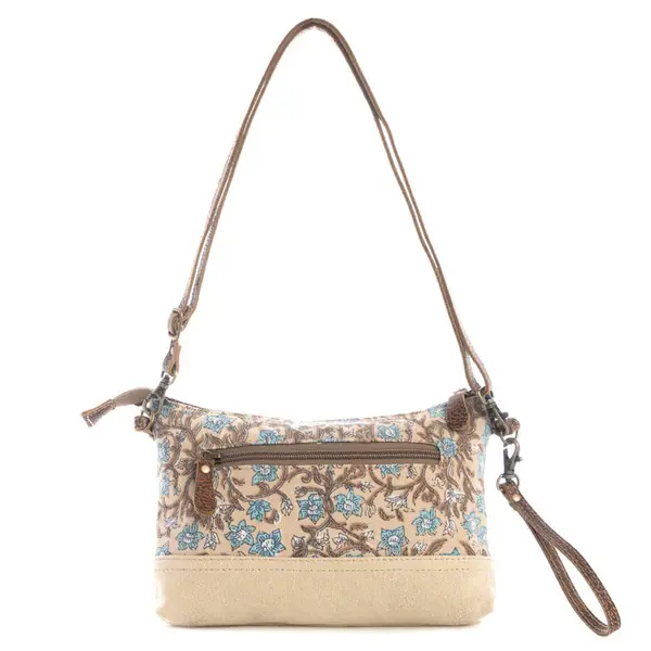 10.5" x 6" crossbody, 22" shoulder drop adjustable strap, canvas & leather, removable wristlet strap, blue, brown & tan, Myra