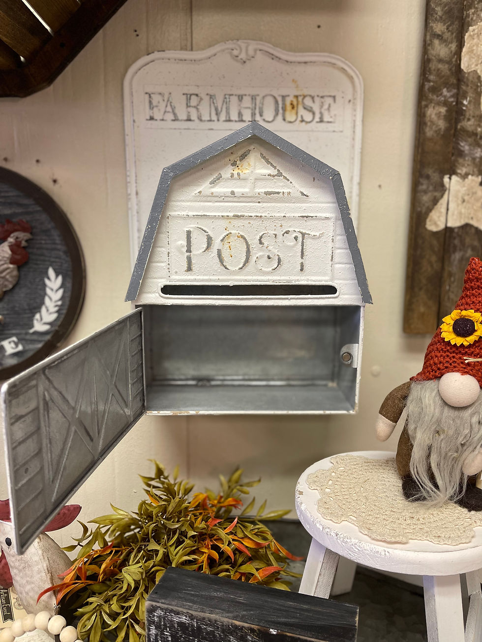 Thumbnail: White metal barn post box with gray roof. Door open to access mail or you can use for decor. Hangs or sits. 15.5" tall x 10.5