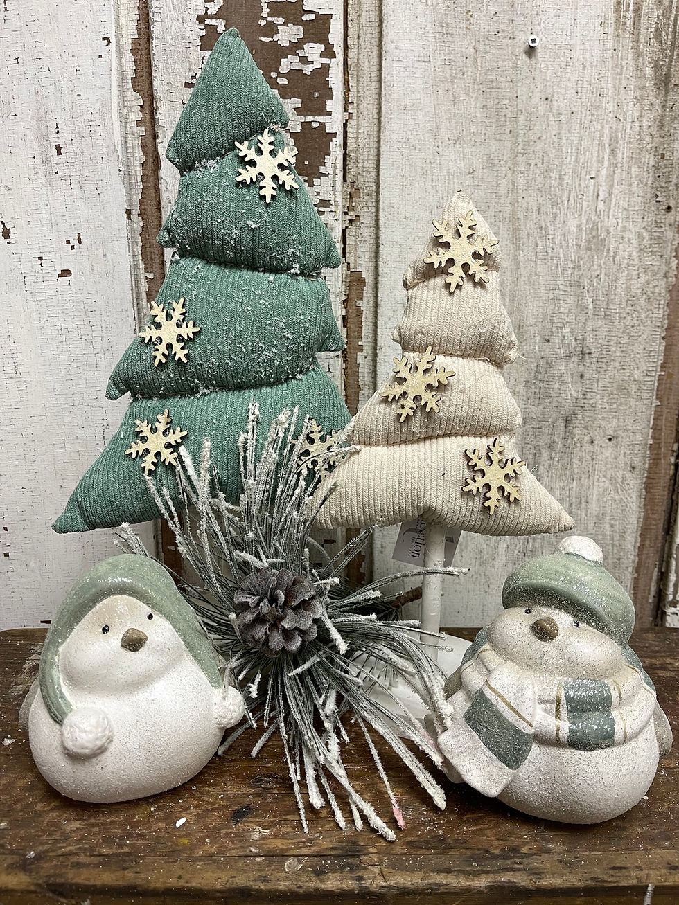 12" x 6.5" stuffed fabric cream corduroy tree with 3 wooden snowflakes, standing on a wood dowel secured in a wooden 4" base