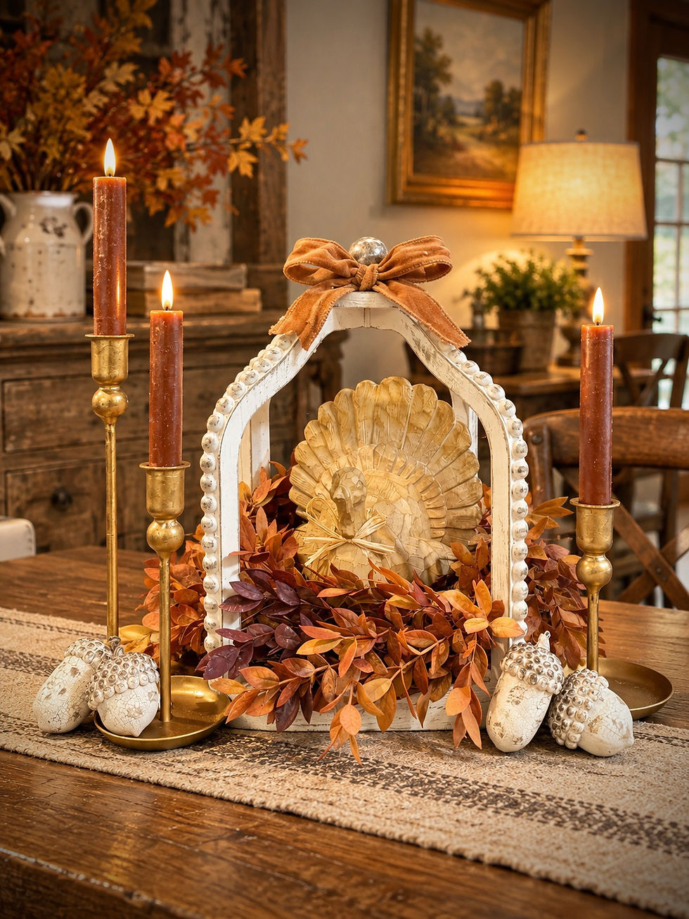 Fall lantern styled with a carved turkey, autumn foliage, brass candlesticks and decorative acorns.