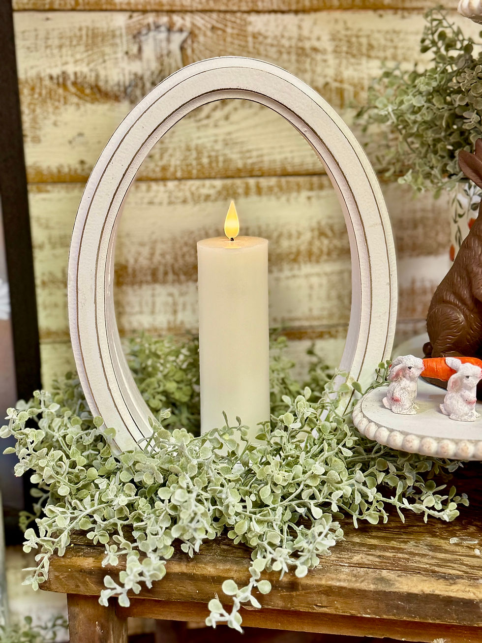Thumbnail: 8.75" x 2" x 11.5" white wood egg outline with light distressing, use for Easter decor, can add a candle & candle ring