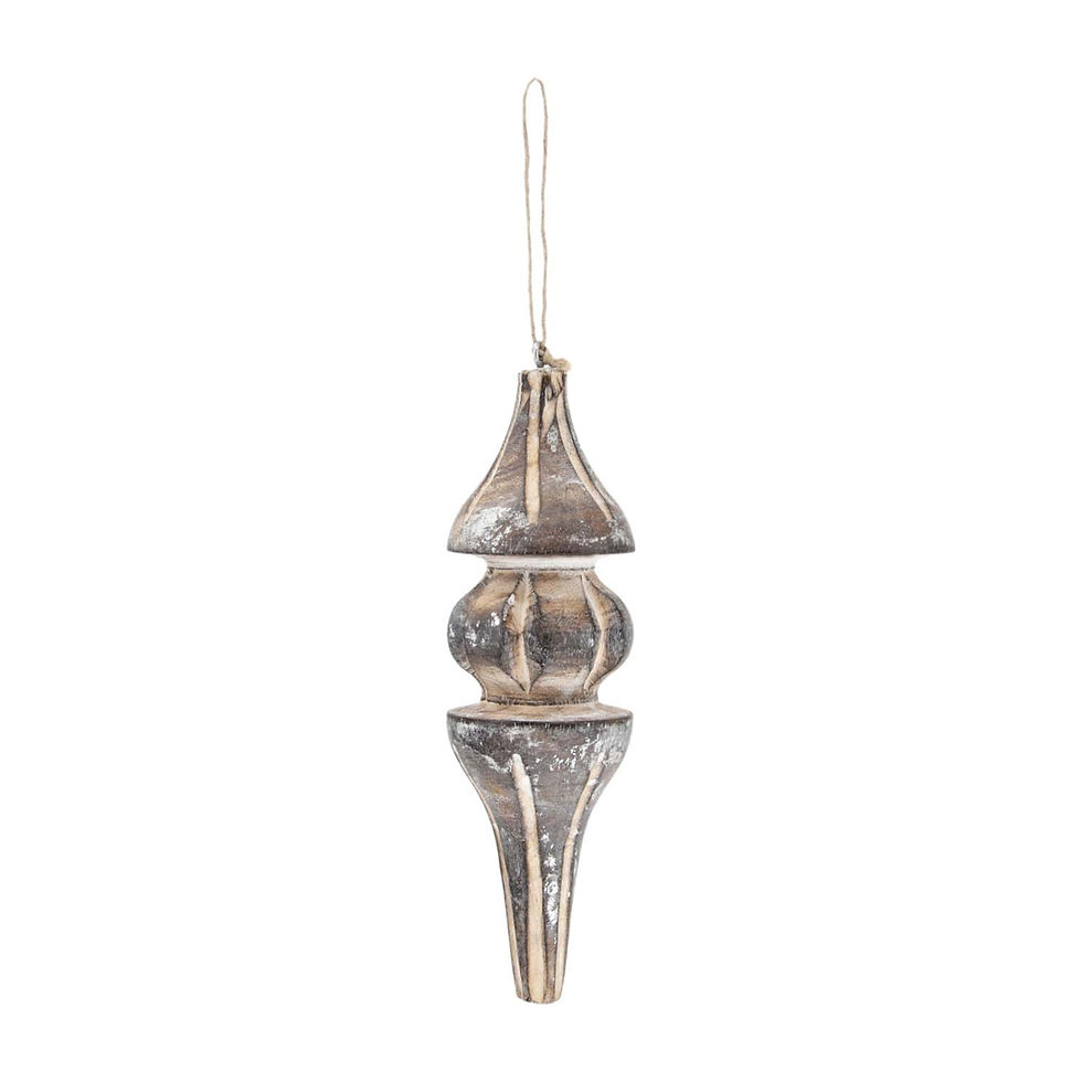 2.5" x 8" solid wood finial, brown with white dry brushing, loop for hanging