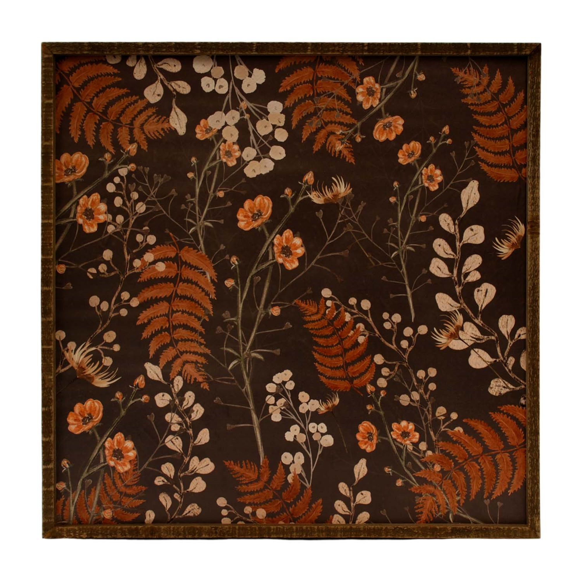 24" x 24" print of black background with all over design of florals, foliage, ferns in creams & dark orange hues, wood frame