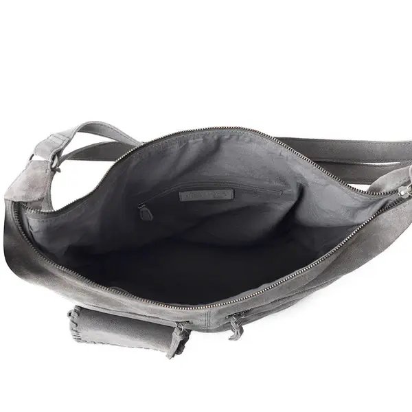 Thumbnail: 16.5" x 13" hobo bag, 12" handle, luxurious smoke gray suede leather, transitions from shoulder bag to backpack, Myra bag
