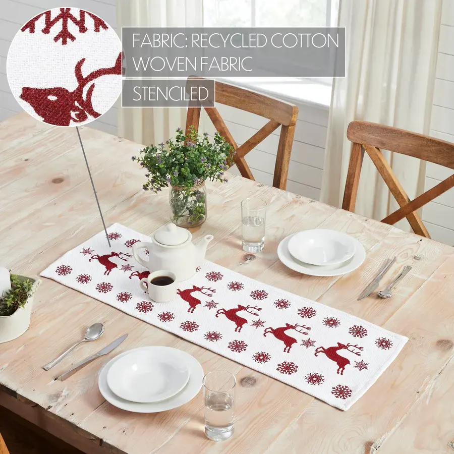 12" x 48" table runner, recycled cotton, white background with red stenciled deer & snowflake designs