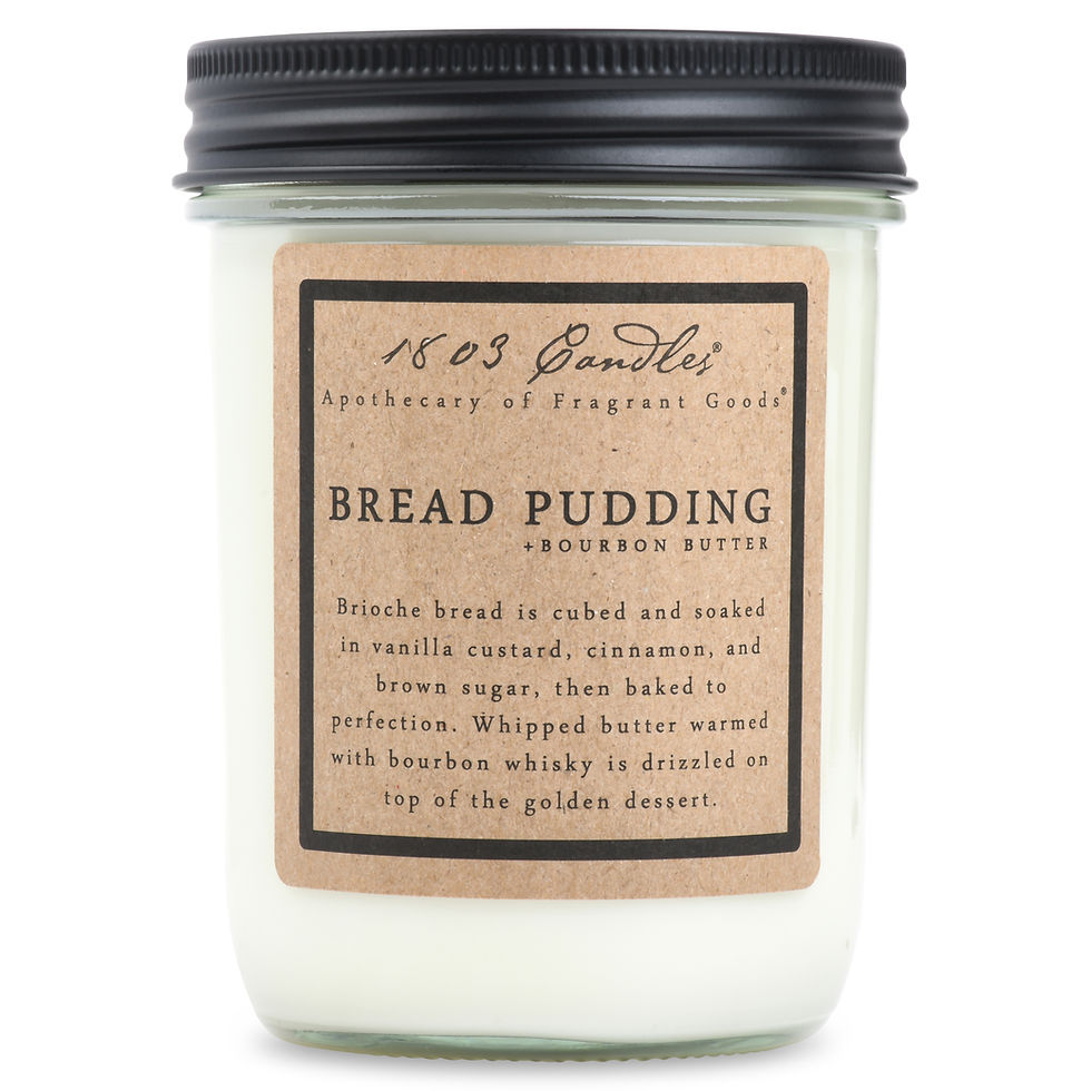 1803 Candles 14oz jar candle, 100% soy wax, clean burning, scent of bread pudding in a bourbon butter sauce
