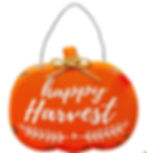 Orange Metal pumpkin sign with white script “happy harvest” 8.8"x7.3"